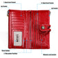 Red leather RFID wallet interior layout with card pockets, photo holder, and zip pocket.