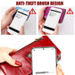 Red leather wallet with zip opening and card area, shown with hands holding a phone.