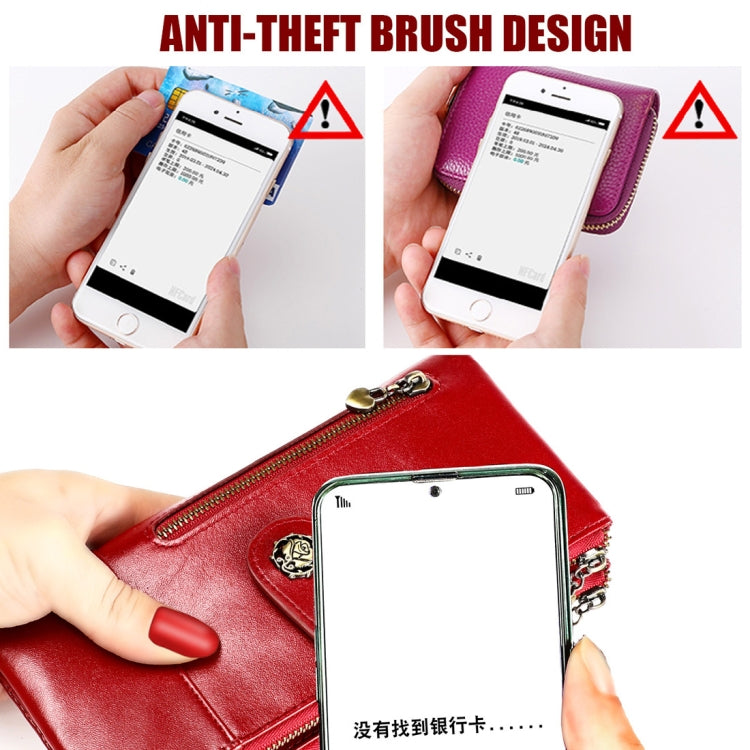 Red leather wallet with zip opening and card area, shown with hands holding a phone.