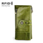 Green leather RFID lady wallet with zipper, card slots, and front belt clasp