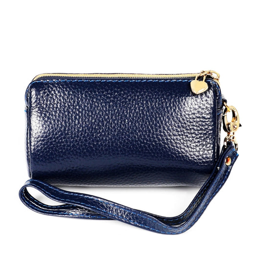 Dark blue small zipper leather wallet purse with lanyard and gold hardware.