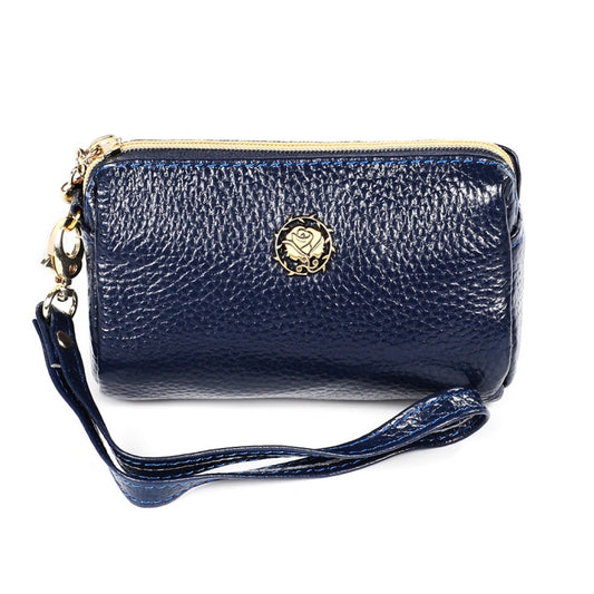 Dark blue zipper leather wallet purse with lanyard and rose emblem.
