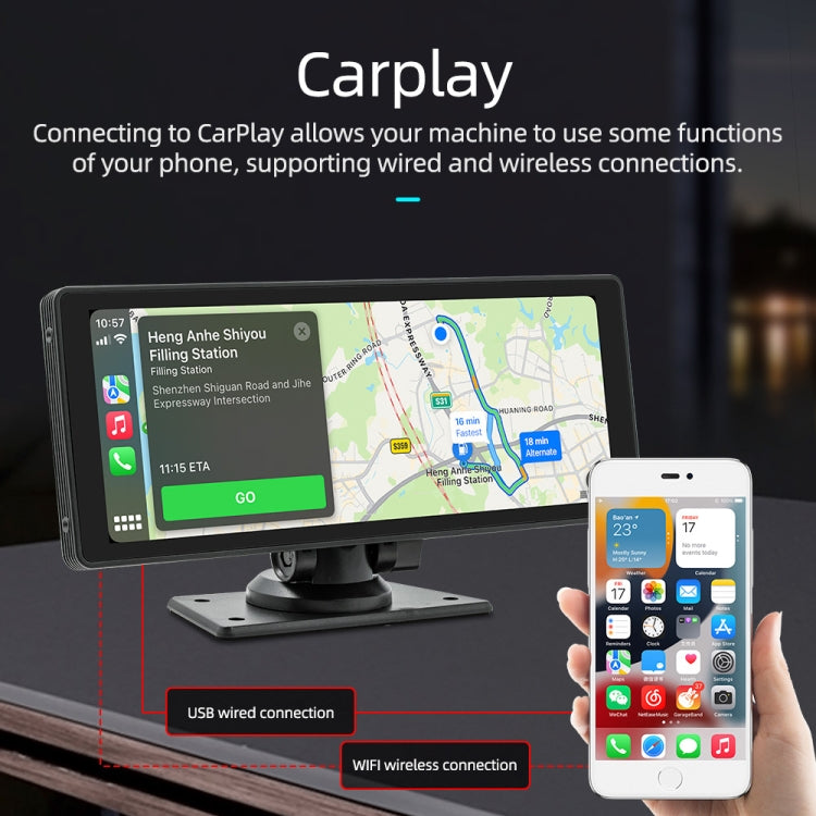 Car MP5 player with CarPlay connection via USB and smartphone screen