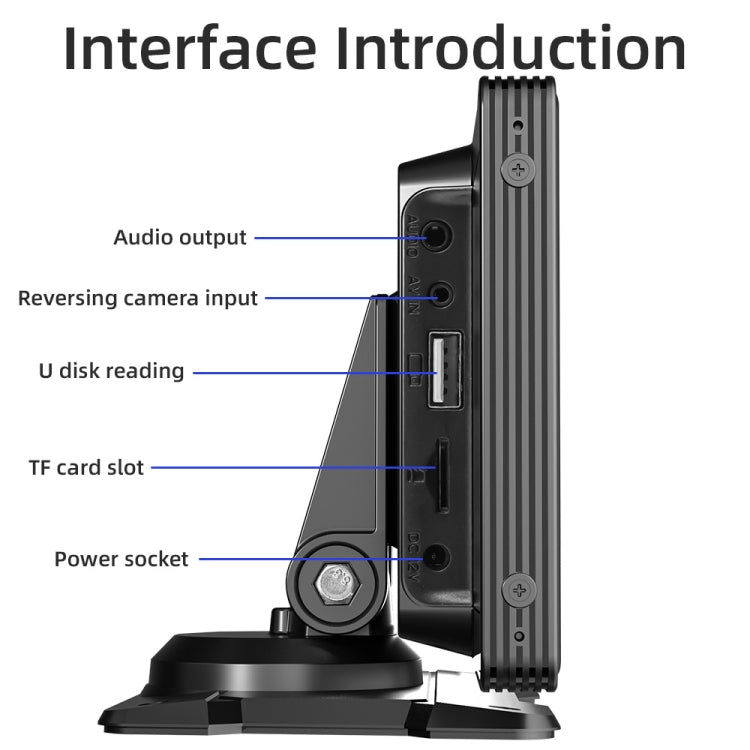 Portable car MP5 player with side ports, card slots, and power connection
