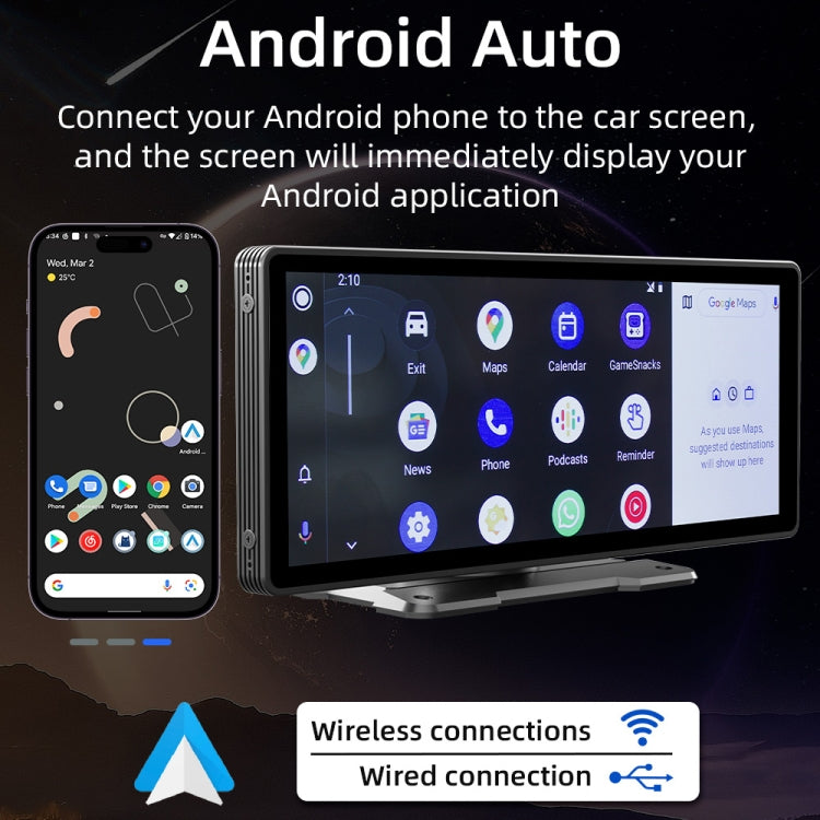 Portable car MP5 player showing Android Auto interface on touchscreen