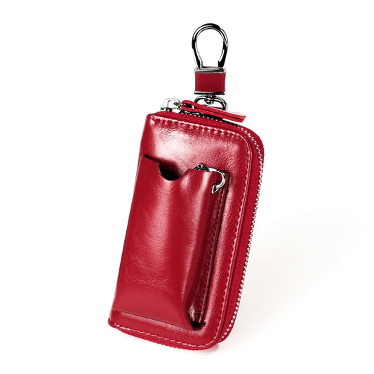 Red leather zipper key holder bag with key ring and front slit pocket