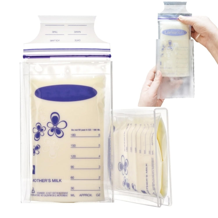 Transparent flat breast milk storage bag holder with blue measurement pouch inside