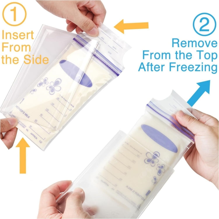 Clear flat storage bag holder tray with milk bag inserted from the side