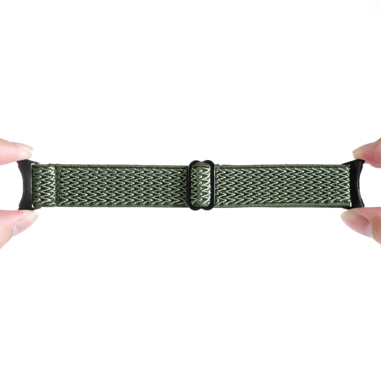 Green wave braided nylon watch band with zigzag knit, metal buckle, and loop strap.