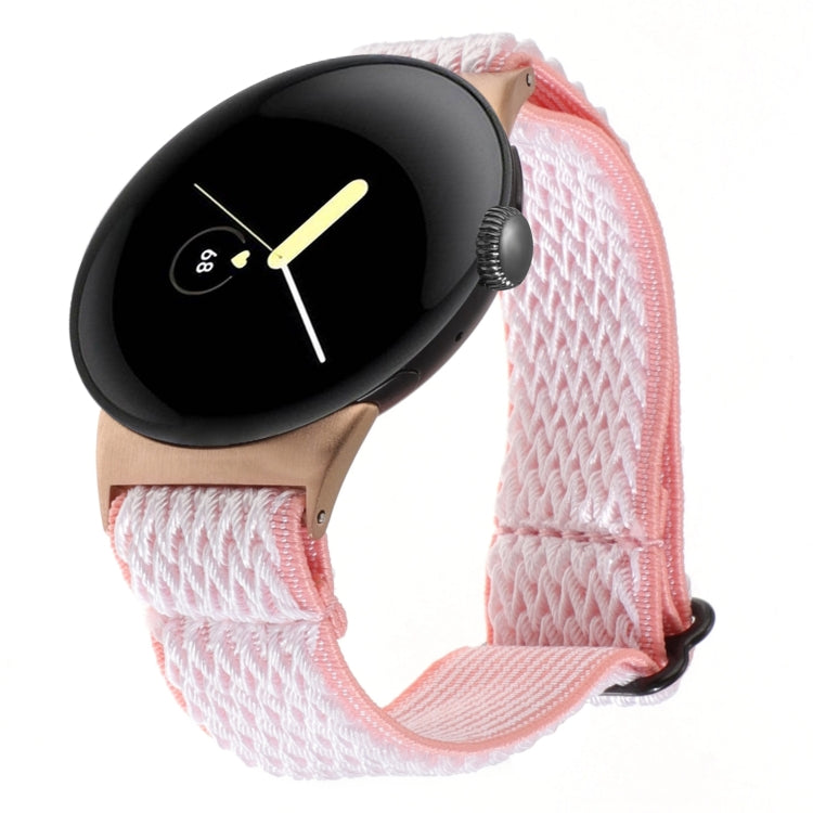 Wave braided nylon watch band in light pink, with metal clasp and zigzag knit texture.