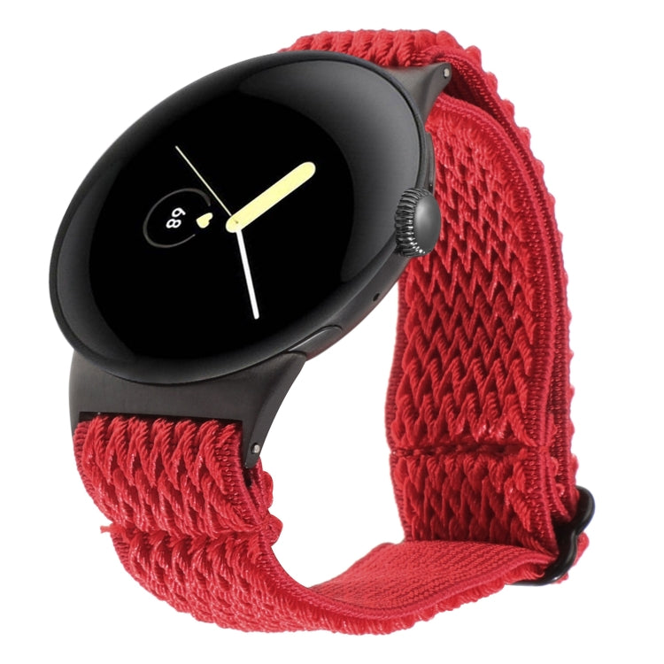 Wave braided nylon watch band in red, with metal clasp and zigzag knit texture.