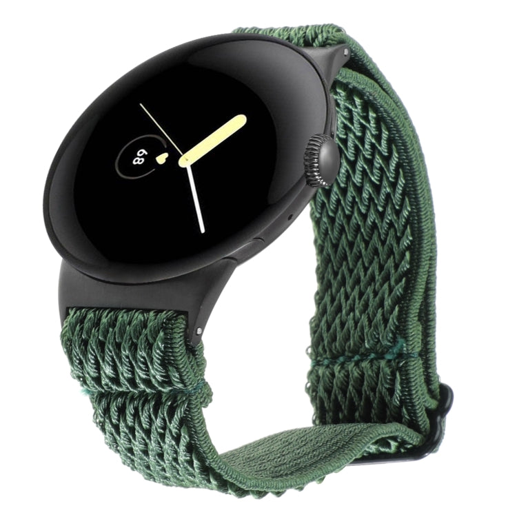 Wave braided nylon watch band in dark green, with metal clasp and zigzag knit texture.