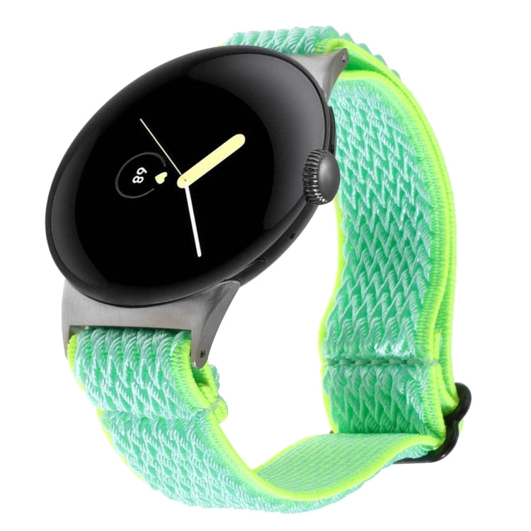 Wave braided nylon watch band in neon green, with metal clasp and zigzag knit texture.