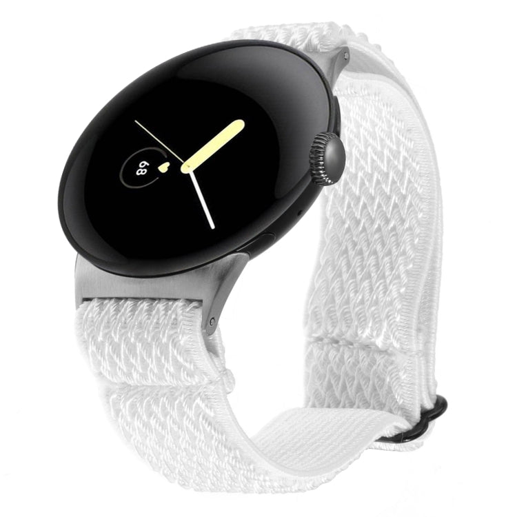 Wave braided nylon watch band in white, with metal clasp and zigzag knit texture.