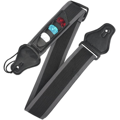 Black guitar strap with three pick holders showing red, blue, and white picks