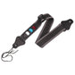 Black guitar strap with three embedded picks and two leather end tabs