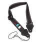 Black guitar strap with three pick slots and two leather strap ends with holes