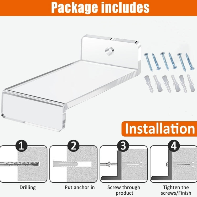 Clear acrylic wall display bracket with included screws and anchors for installation