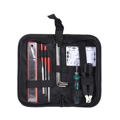 Guitar cleaning and maintenance tool set in black zip pouch with metal tools