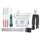 Guitar tool set with hex wrenches, green screwdriver, ruler, and red-handled files