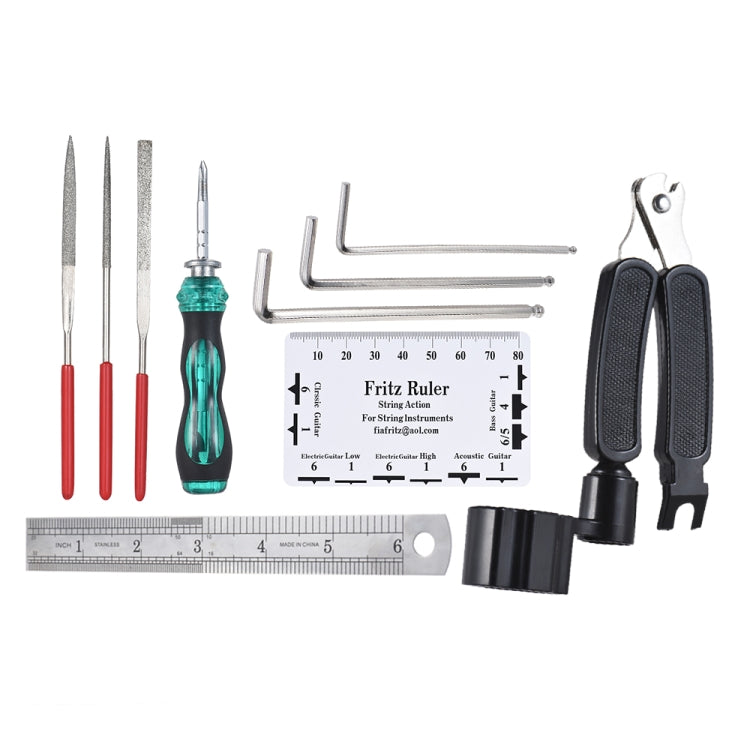 Guitar tool set with hex wrenches, green screwdriver, ruler, and red-handled files