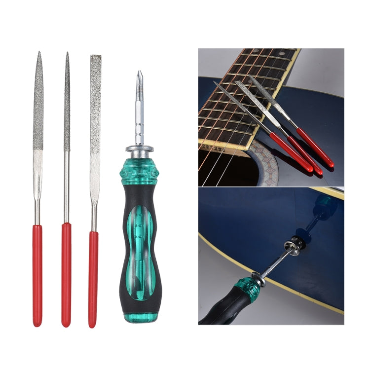 Guitar maintenance tool set with red-handled files and green screwdriver, shown in use