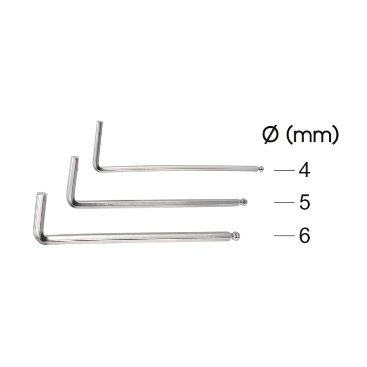 Hex key set for guitar maintenance, three L-shaped wrenches sized 4, 5, and 6 mm