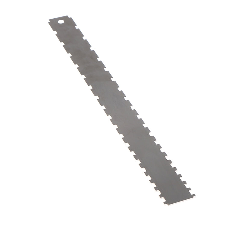 Dark gray guitar neck measuring ruler with notched edges and mounting hole