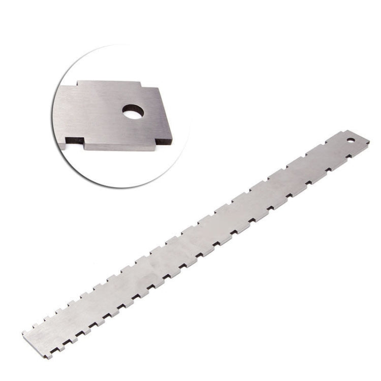Guitar neck measuring ruler with side hole and long notched measuring edge