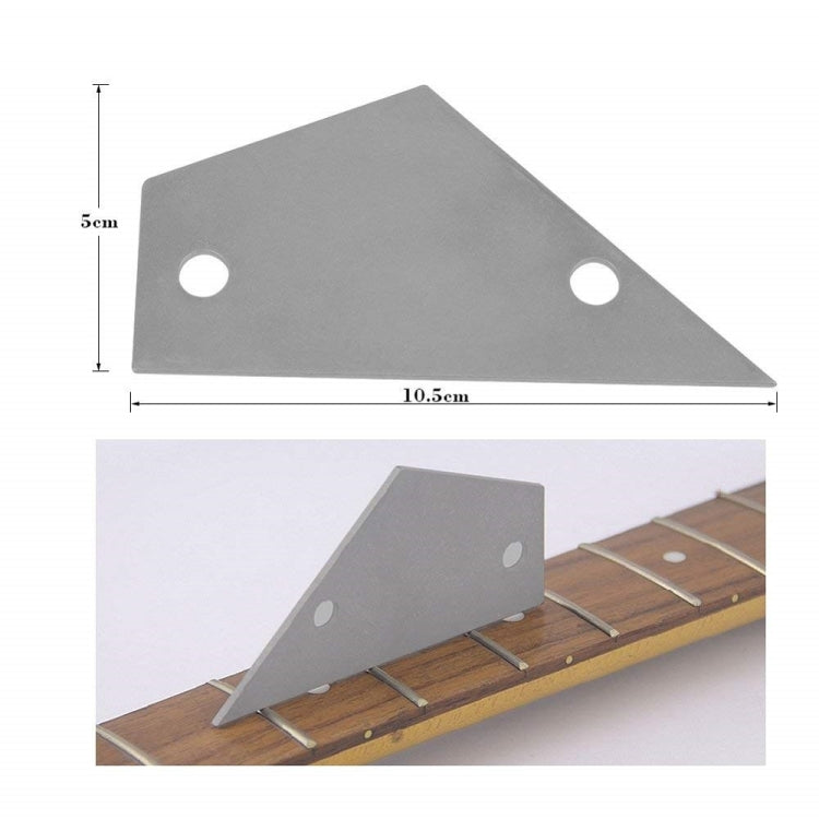 Triangular metal guitar string tool with two mounting holes and size scale