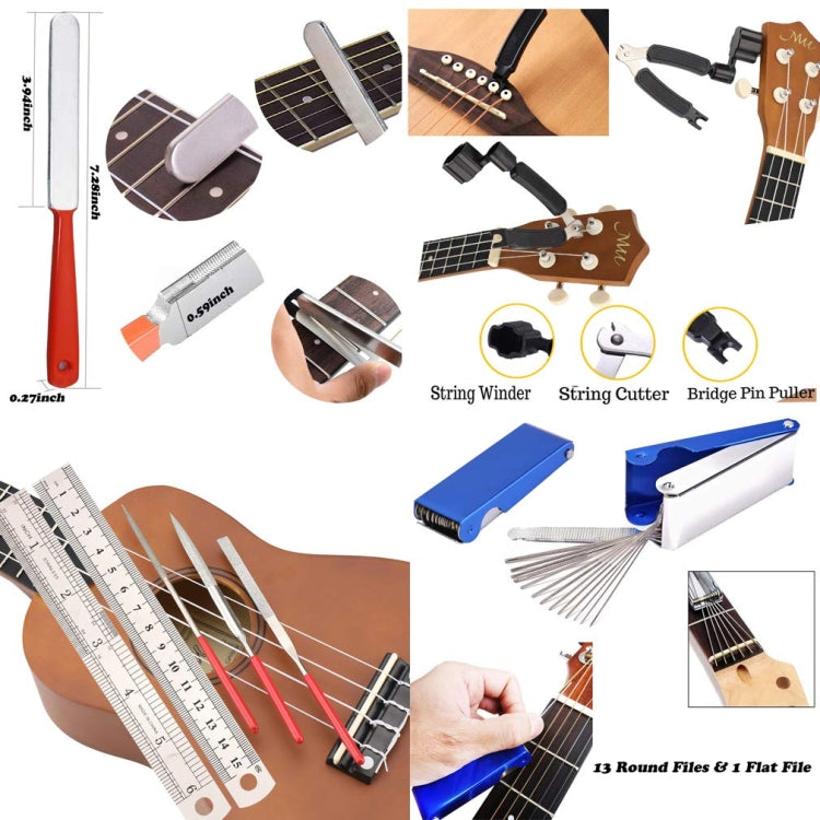 Guitar string changing tool set with string winder, cutter, bridge pin puller, files