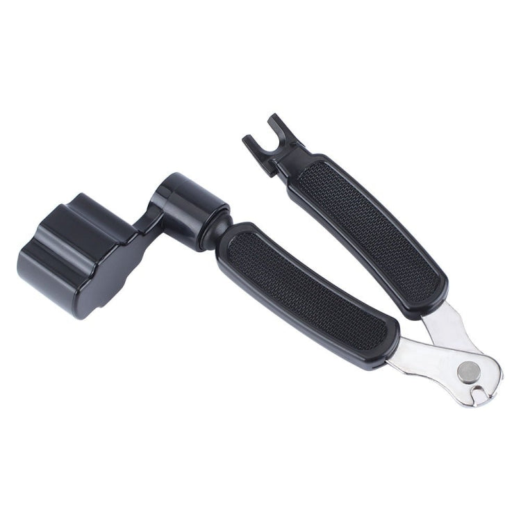 Guitar string changing tool with black padded handles and metal cutter head