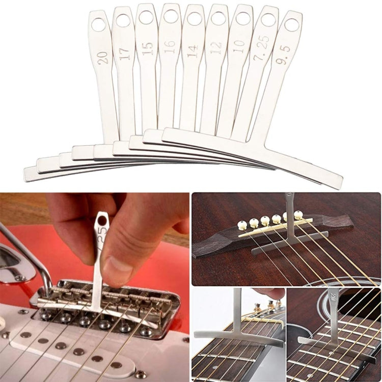 Set of string gauges and tools for measuring and threading guitar strings