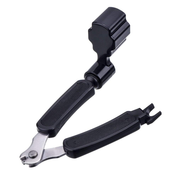 Guitar string changing pliers with black textured grips and metal jaw