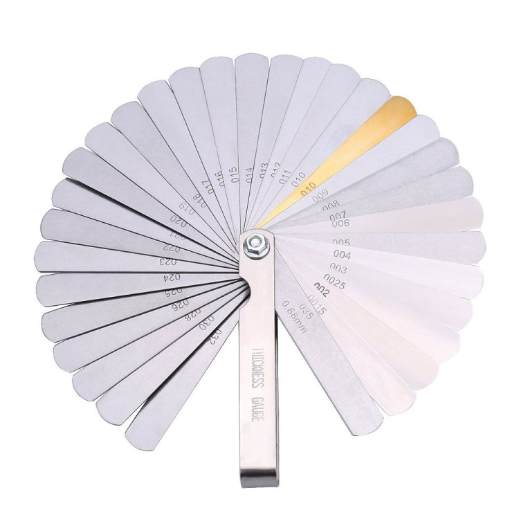 Feeler gauge set with multiple numbered metal blades and rotating center key