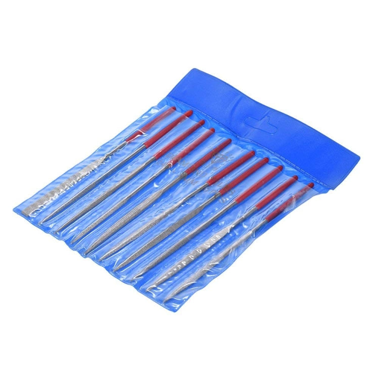 Needle file set in blue plastic pouch with red and silver file handles