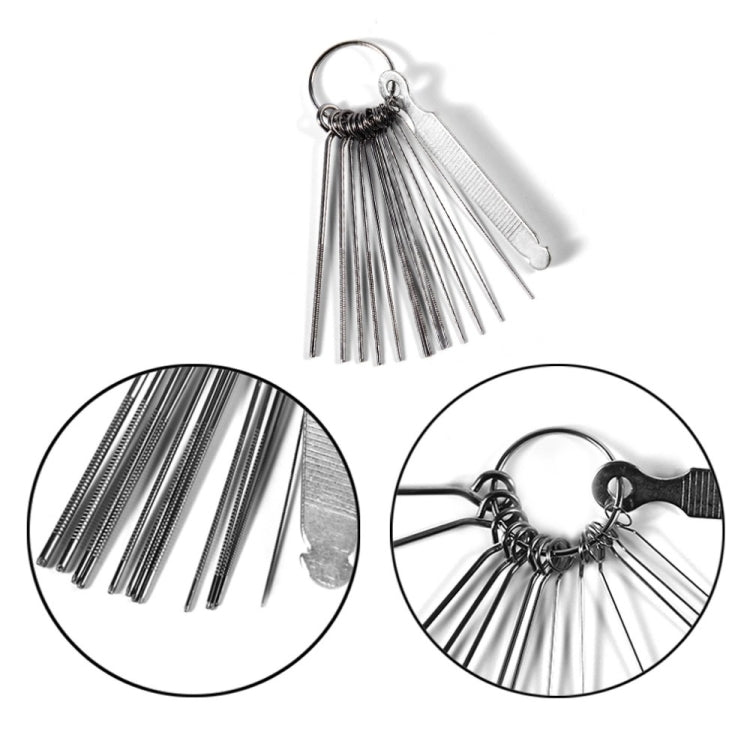 Small metal file set on keyring with multiple thin pointed tips