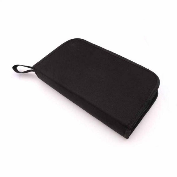 Black storage pouch with carry loop for holding guitar repair accessories