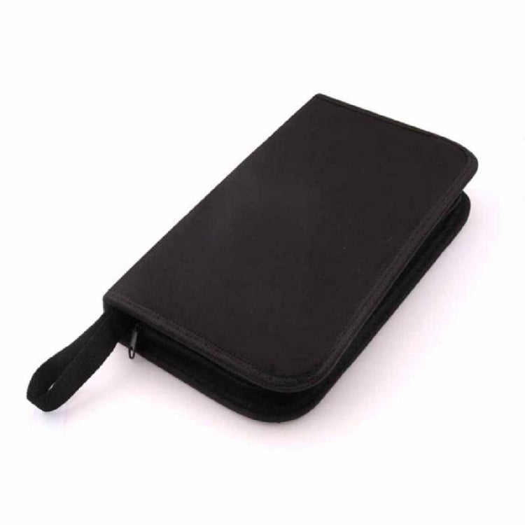 Black zippered storage pouch with wrist strap for guitar repair tools