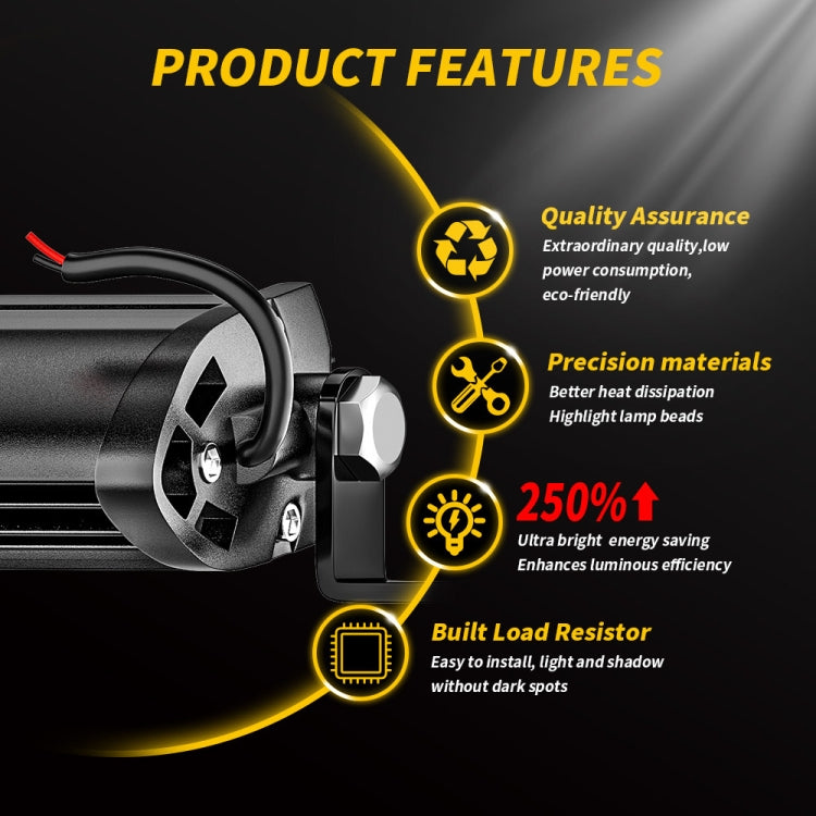 Black LED work light bar end view with power leads and two LED strips