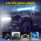 Off-road vehicle with mounted black LED work light bar and two LED strips