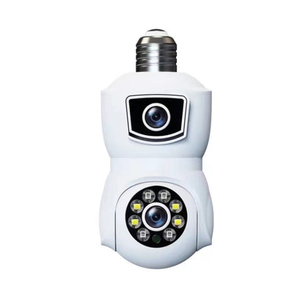 White dual-lens motion tracking smart camera with E27-style bulb mount