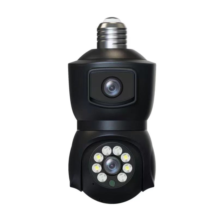Black dual-lens motion tracking smart camera bulb with front lens and LEDs