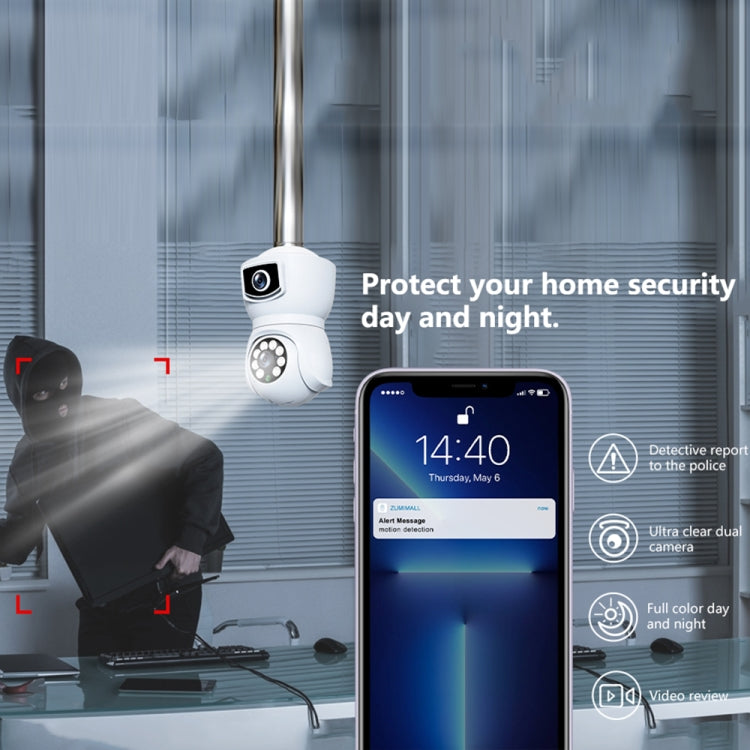 White dual-lens smart camera next to smartphone app security preview
