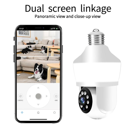 Bulb-style dual-view security camera with bulb housing and smartphone app display