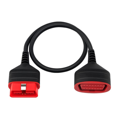 OBD2 extension cable with red 16-pin OBD connector ends and black cable, 30 cm