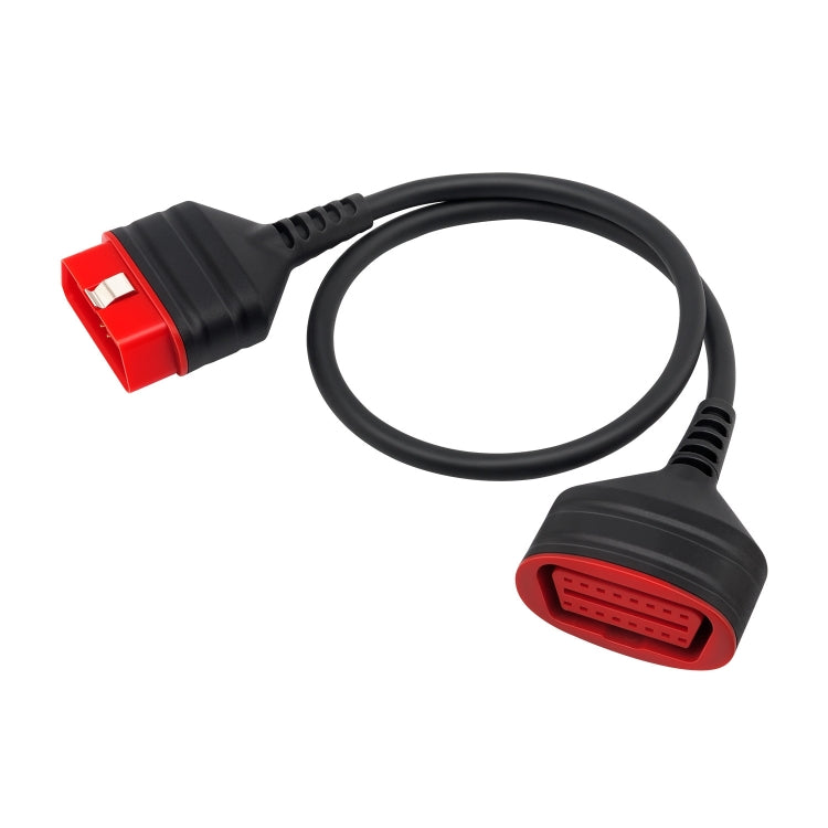 OBD2 extension cable with left red 16-pin plug and right red OBD port, black cord
