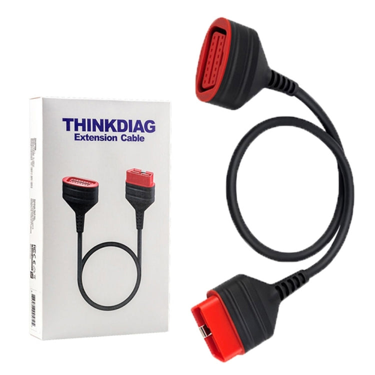OBD2 extension cable with two red 16-pin plugs and black cord, shown with package box