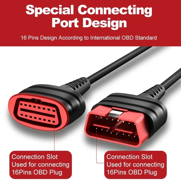 OBD2 extension cable connectors showing red 16-pin ports on black housings