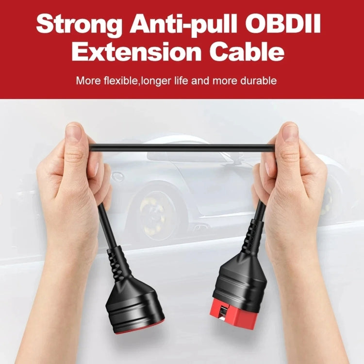 OBD2 extension cable with two red 16-pin OBD connectors on black cord